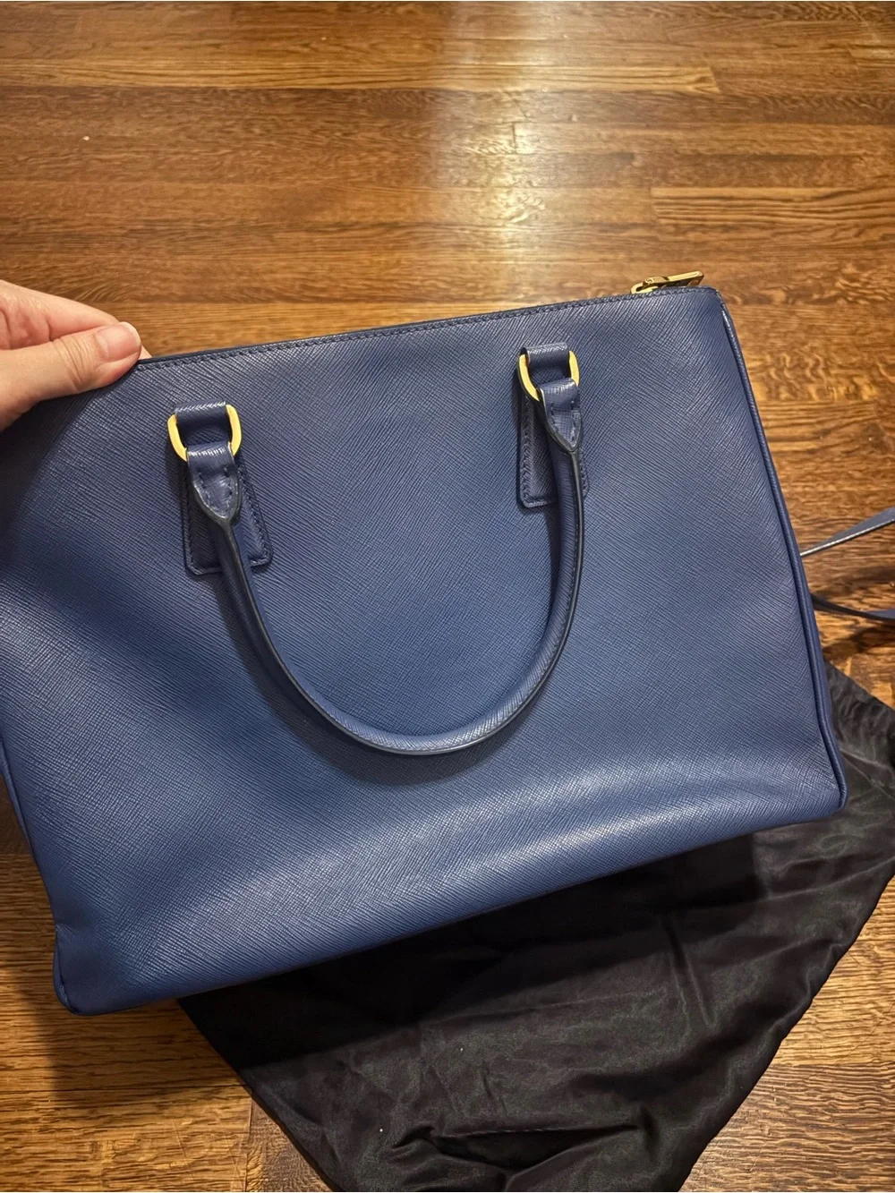 Prada Navy Saffiano Leather Satchel with Gold Hardware